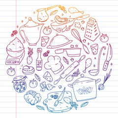 Pattern with gastronomy icons, vector cuisine and fast food cafe bright background for menu, receipts. Drawn with a pen, on a sheet with colorful gradient of line paper on a white background.
