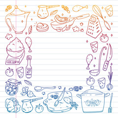 Pattern with gastronomy icons, vector cuisine and fast food cafe bright background for menu, receipts. Drawn with a pen, on a sheet with colorful gradient of line paper on a white background.