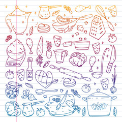 Pattern with gastronomy icons, vector cuisine and fast food cafe bright background for menu, receipts. Drawn with a pen, on a sheet with colorful gradient of line paper on a white background.