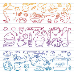 Pattern with gastronomy icons, vector cuisine and fast food cafe bright background for menu, receipts. Drawn with a pen, on a sheet with colorful gradient of line paper on a white background.