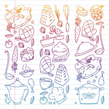 Pattern with gastronomy icons, vector cuisine and fast food cafe bright background for menu, receipts. Drawn with a pen, on a sheet with colorful gradient of line paper on a white background.