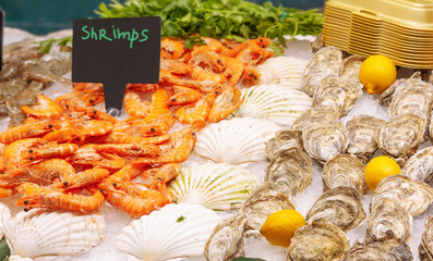 Fresh seafood in ice on the counter