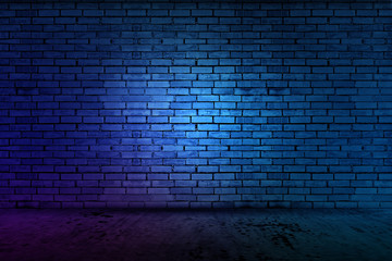 Futuristic Sci Fi Elegant Modern Neon Glowing Rectangle Frame Shaped Lines Tubes Purple Pink Blue Colored Lights In Dark Empty Grunge Concrete Brick Room