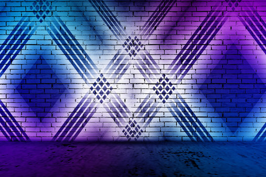 Futuristic Sci Fi Elegant Modern Neon Glowing Rectangle Frame Shaped Lines Tubes Purple Pink Blue Colored Lights In Dark Empty Grunge Concrete Brick Room