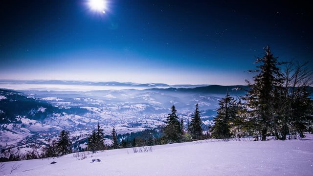 Winter moon time lapse in Carpatian mountains, timelapse, photographed on Nikon D800 camera.