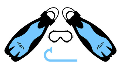 swimming flippers, scuba diver mask and breathing tube. Ammunition freediver. Isolated vector on white background in a flat style