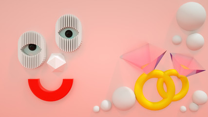 3d rendering, 3d illustration, abstract pastel color with geometric face rings balls shape background ,