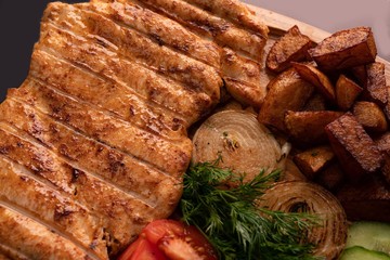 Shashlyk with potatoes and salad view