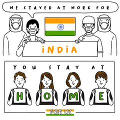 Covid-19 quotes from hospital workers with national flag : I stayed at work for you, You stay at home for us. : Vector Illustration