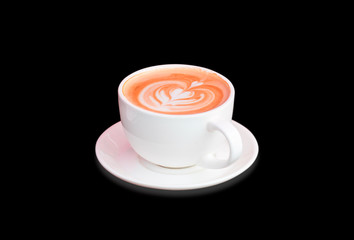 Coffee cup latte art (heart) in cafe on wooden red table