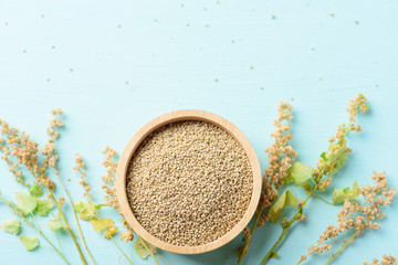 Organic brown quinoa seed in a wooden bowl and quinoa plant on pastel color background, healthy...