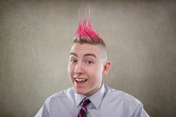 Smiling teen with a pink mohawk haircut - obrazy, fototapety, plakaty