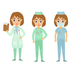 Set of vector illustrations with doctors. Doctor radiologist, surgeon, therapist.
Female  doctors in cartoon flat style.