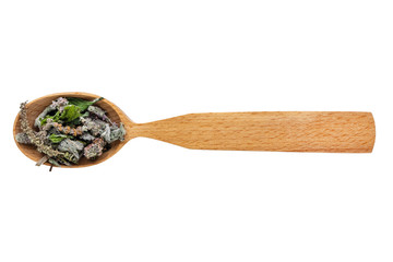 Dried Mentha in a wooden spoon on a white background. Phytotherapy and disease prevention. Herbal...
