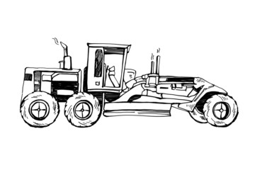 Illustration sketching hand drawn construction tractor road, outline vector eps10.