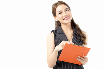 Fototapeta premium Portrait happy beautiful young asian business woman long hair standing and holding clipboard with looking to camera and smile over white background.