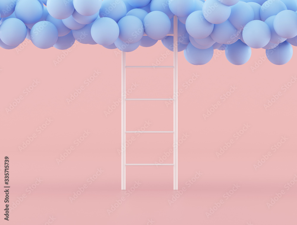 Poster minimal concept idea of white ladder and floating blue ball on pink background. 3d rendering.