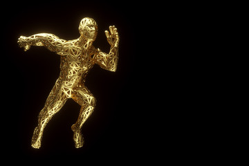 Sports background, a golden figure of a man in a running pose, on a dark background. Sports training, healthy lifestyle, competition, 3D render, 3D illustration, copy space.