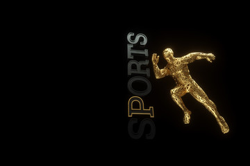 Sports background, a golden figure of a man in a running pose, on a dark background. Sports training, healthy lifestyle, competition, 3D render, 3D illustration, copy space.