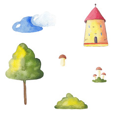 Set of hand made watercolor drawing of castle, mushrooms, tree and cloud on a white background. Use for children's parties, menus, prints, invitations.
