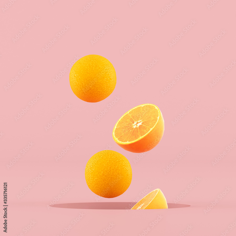 Poster Minimal conceptual idea of sliced oranges floating out from hole on pink background. 3D rendering.