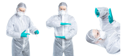 A man in a doctor’s suit points to a test tube with a virus and examines what's in it. Isolated on a white background.