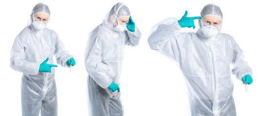 A man in a doctor’s suit does not know what to do with the infection that has spread throughout the world. Viruses, flu, dangerous diseases. Isolated on a white background.