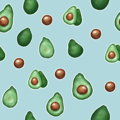  Avocado Set Seamless Pattern, Procreate sketch, Raster illustration, Green background