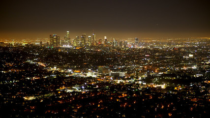 Amazing aerial view over the city of Los Angeles at night