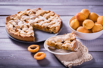 apricot pie on a wooden table