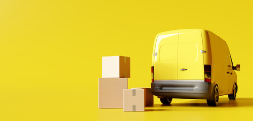 Delivery vans with paper boxes on yellow background. 3d rendering © aanbetta