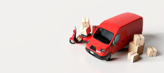 Delivery vans and scooter with paper boxes on white background. 3d rendering