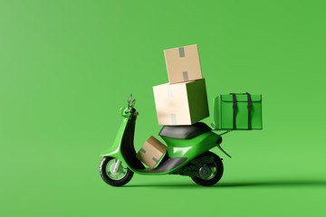 Delivery scooter with green food box and paper boxes on green background. Delivery service concept. 3d rendering
