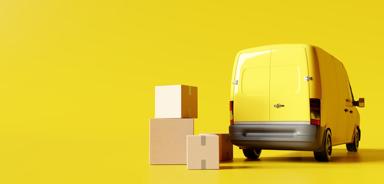 Delivery vans with paper boxes on yellow background. 3d rendering