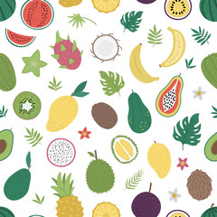 Vector seamless pattern with tropical fruit and berries with slices and halves. Jungle foliage background. Hand drawn flat exotic plants texture. Bright digital paper with healthy summer food..