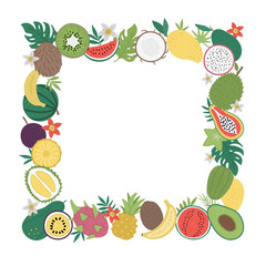 Vector square frame with tropical fruit and berries with slices and halves. Jungle foliage banner design. Cute funny card template with exotic plants. .