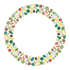Vector round frame with tropical fruit and berries with slices and halves. Jungle foliage banner design framed in circle. Cute funny card template with exotic plants. .