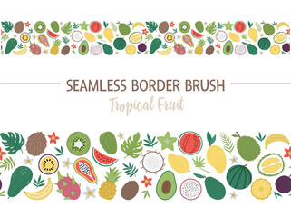 Vector seamless pattern brush with tropical fruit and berries with slices and halves. Jungle foliage border background. Hand drawn flat exotic plants texture. Bright childish horizontal digital paper.