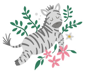 Vector cute composition with zebra, tropical leaves and flowers. Funny exotic African animal illustration. Bright flat picture for children. Jungle summer clip art.