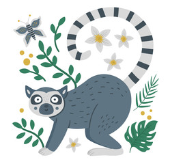 Vector cute composition with lemur, tropical leaves and butterfly. Funny tropical exotic animal illustration. Bright flat picture for children. Jungle summer clip art.