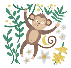 Vector cute composition with monkey hanging on liana, bananas and tropical leaves. Funny animal illustration. Bright flat picture for children. Jungle summer clip art.