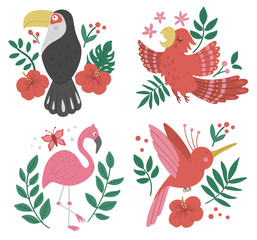 Vector set with cute compositions with exotic birds, leaves, flowers. Funny tropical animals and plants illustration for card design, poster or print. Jungle summer clip art for kids.