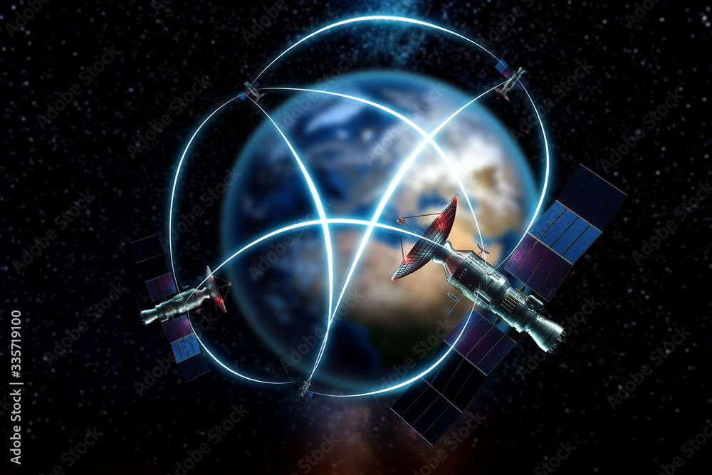 Wall mural space satellite with antenna and solar panels in space against the background of the earth. telecomm