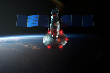 Space satellite with antenna and solar panels in space against the background of the earth....