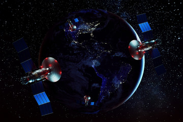 Space satellite with antenna and solar panels in space against the background of the earth. Telecommunications, high-speed Internet, space exploration. copy space. image furnished by NASA © Aliaksandr Marko
