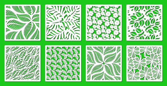 Set of square frames with a floral pattern of leaves, flowers, twigs. Design element, sample panel for plotter cutting. Template for paper cut, plywood, cardboard, metal engraving, wood carving, print