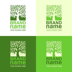 Set of square tree logos. Icon, eco sign, bio symbol, brand identity, logotype template, badge, label, design elements for gardening, business, agriculture, healthy, natural food. Vector illustration.