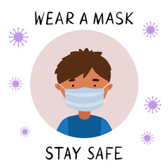 Child with surgical mask. Boy wear medical mask. Virus protection. Vector illustration isolated on white background.