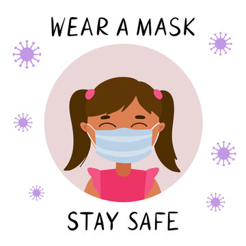 Child with surgical mask. Girl wear medical mask. Virus protection. Vector illustration isolated on white background.