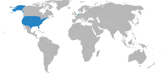 Netherlands, usa countries highlighted on world map. Light gray backgrounds. Business, diplomatic, trade, transport relations.